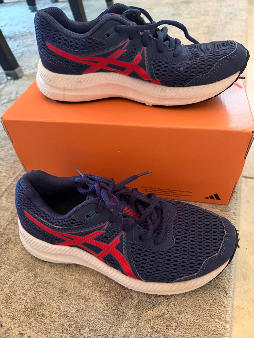 Youth boys size 4.5 ASICS Navy and Red Mesh Running Sneakers